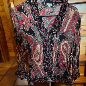 Agora Paisley Ruffle V-Neck Top in Burgundy, Black and Cream